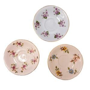 3 Royal Grafton Saucers 5" Pink Blue Yellow‎ Fine Bone China 1950s Violet Floral